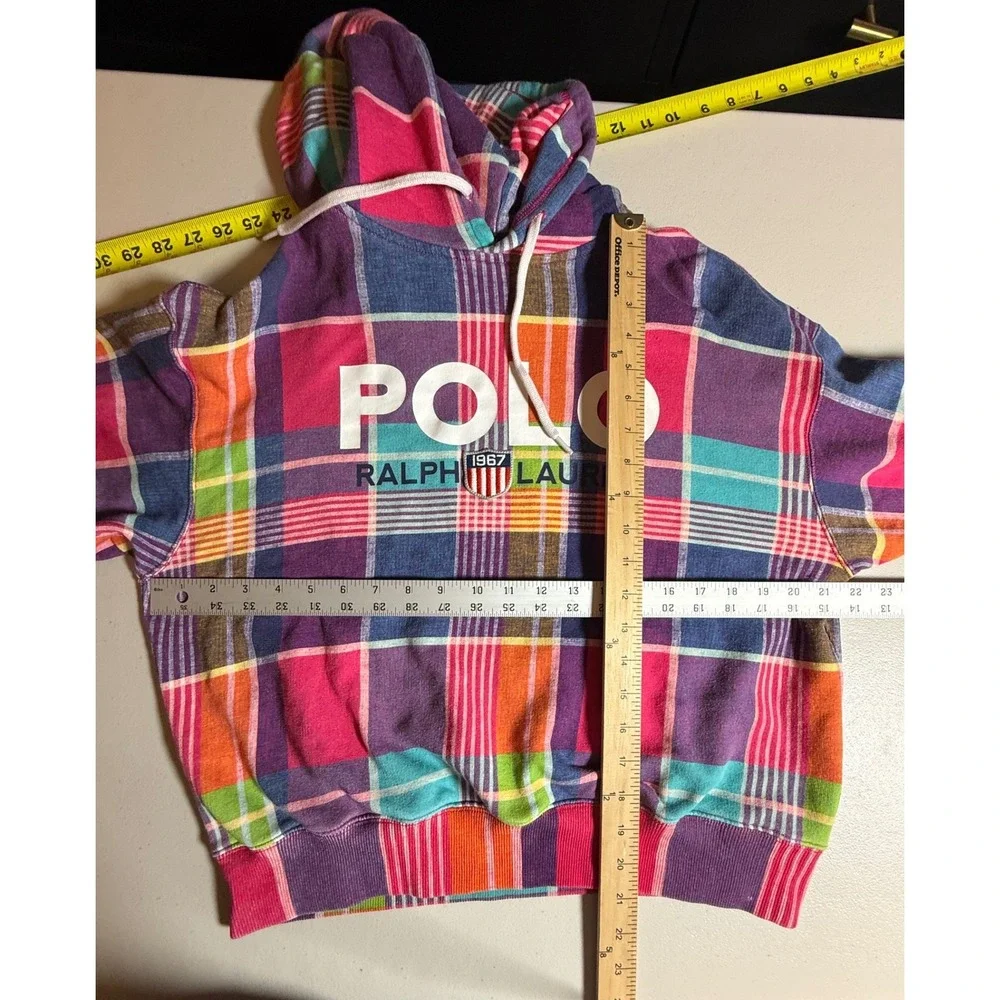Polo Ralph Lauren Multi Color Plaid Logo Hoodie French Terry XS